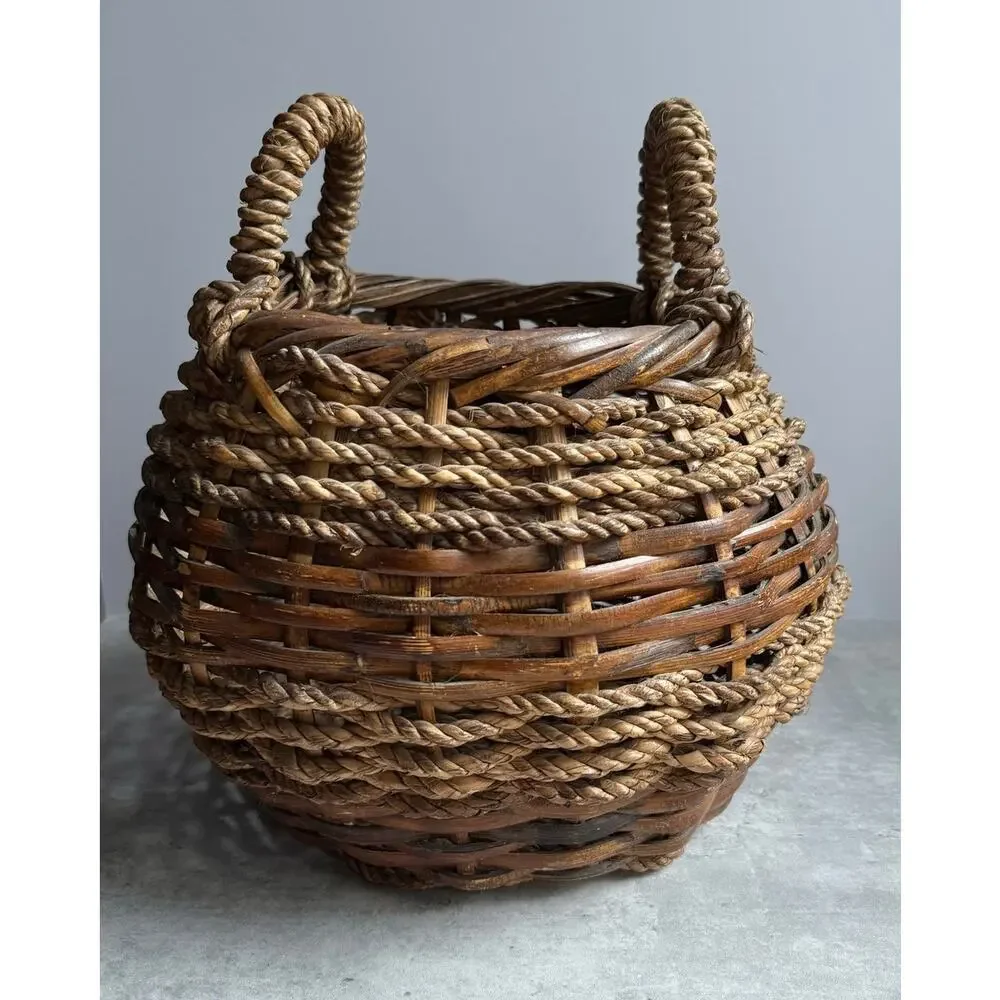 Vintage French Style Round Wicker Basket Large Dual Handle Gathering Primitive